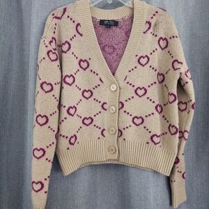 Trendy Tan Cardigan with Purple Heart Design